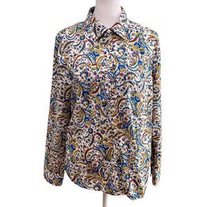 Talbots Button Up Shirt Colorful Paisley Top Roll Tab Sleeves Size Petite M